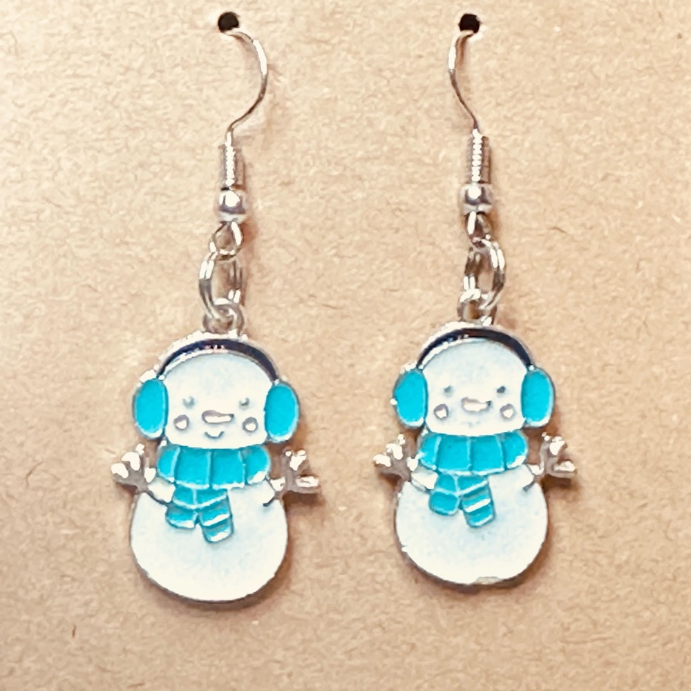 Stainless Steel Earring Hooks Enamel Snowmen with Teal Accents Handmade Gift